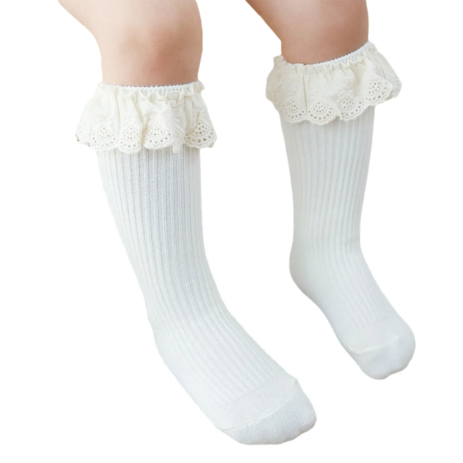 Girl s Solid Color Knitted Socks with Ruffled Lace Decoraction Lovely Middle Tube Scokings for Spring Autumn and Winter