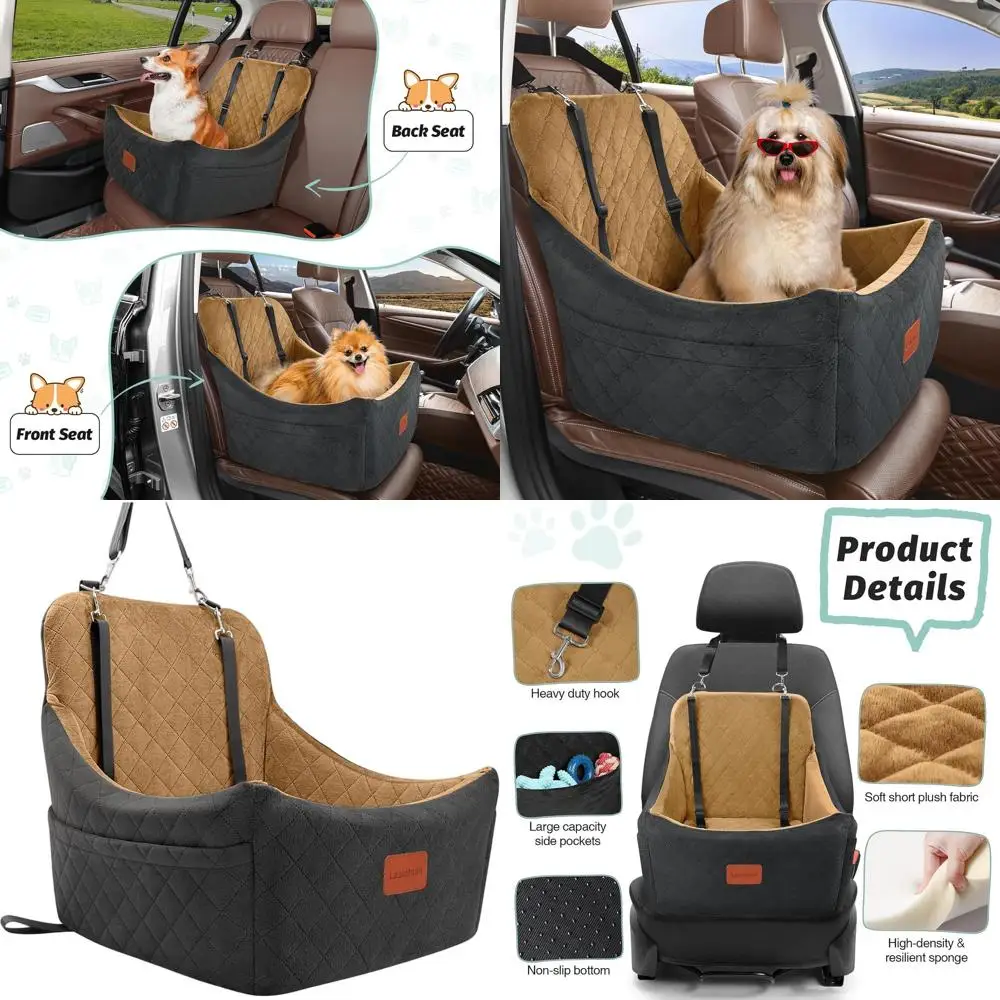 

Автомобильное кресло для средних собак весом до 18 кг, простое в установке, съемное и моющееся, с противоскользящим основанием, надежное крепление для щенков с 2 поводками