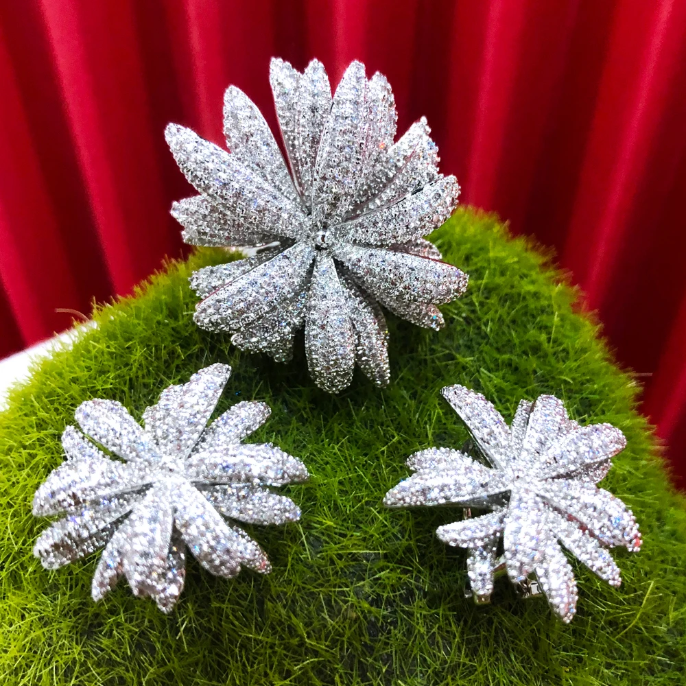 

Missvikki Trendy Firework Flower Stud Earrings Ring Sets For Women Wedding Cubic Zircon CZ Dubai Indian Bridal Earrings Bohemia