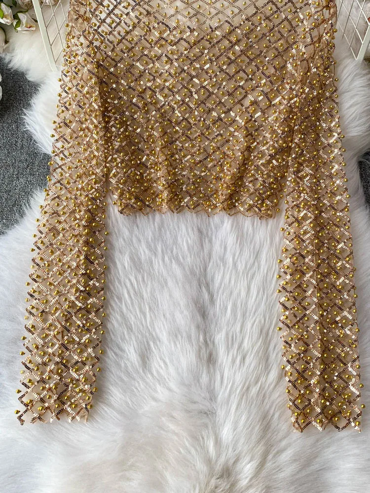 2025 mode Streetwear paillettes résistant au soleil Blouses Sexy perle perles culture hauts femmes col rond manches longues chemises transparentes