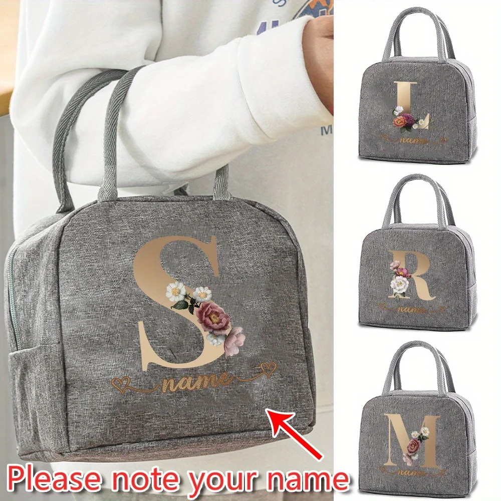 

Customized Gray Insulated Lunch Bag Bento Bag Aluminum Foil Rose Gold Letter Pattern Insulated Lunch Box Camping Picnic Food Bag