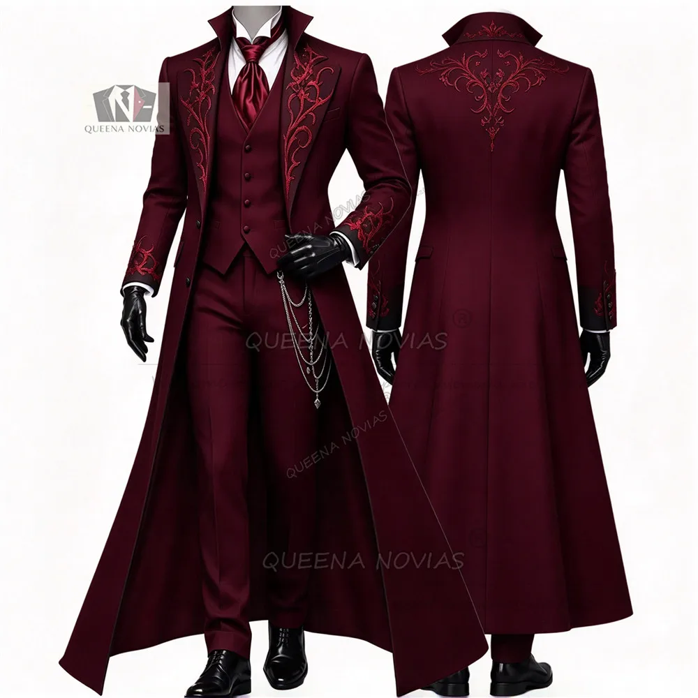 Luxury Groom Tuxedo Suit Set For Wedding Gothic Style Red Crystals Beaded Prom Blazer Long Customized 3 Piece Trajes Para Hombre