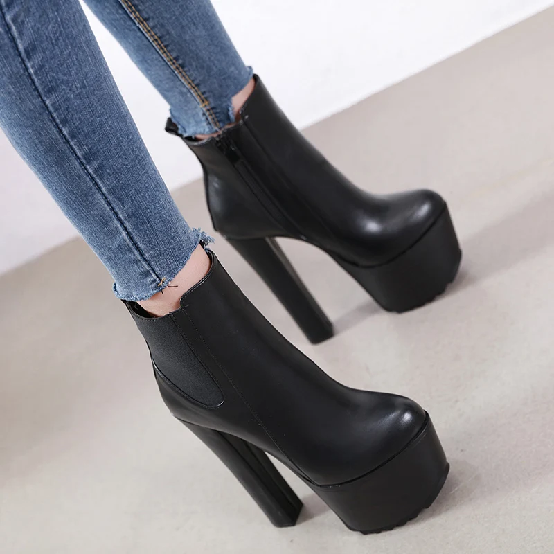 New Arrival 16CM High Heel Women\'s Short Boots Leather Spring Autumn Winter Women Ankle Boot Platform Thick Heels Women Shoes 40