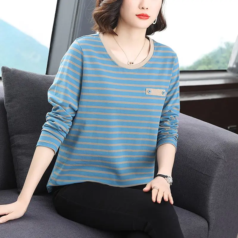 

Striped Round Neck Long Sleeve T-shirt for Women in Spring and Autumn New Versatile Fashion Women Top