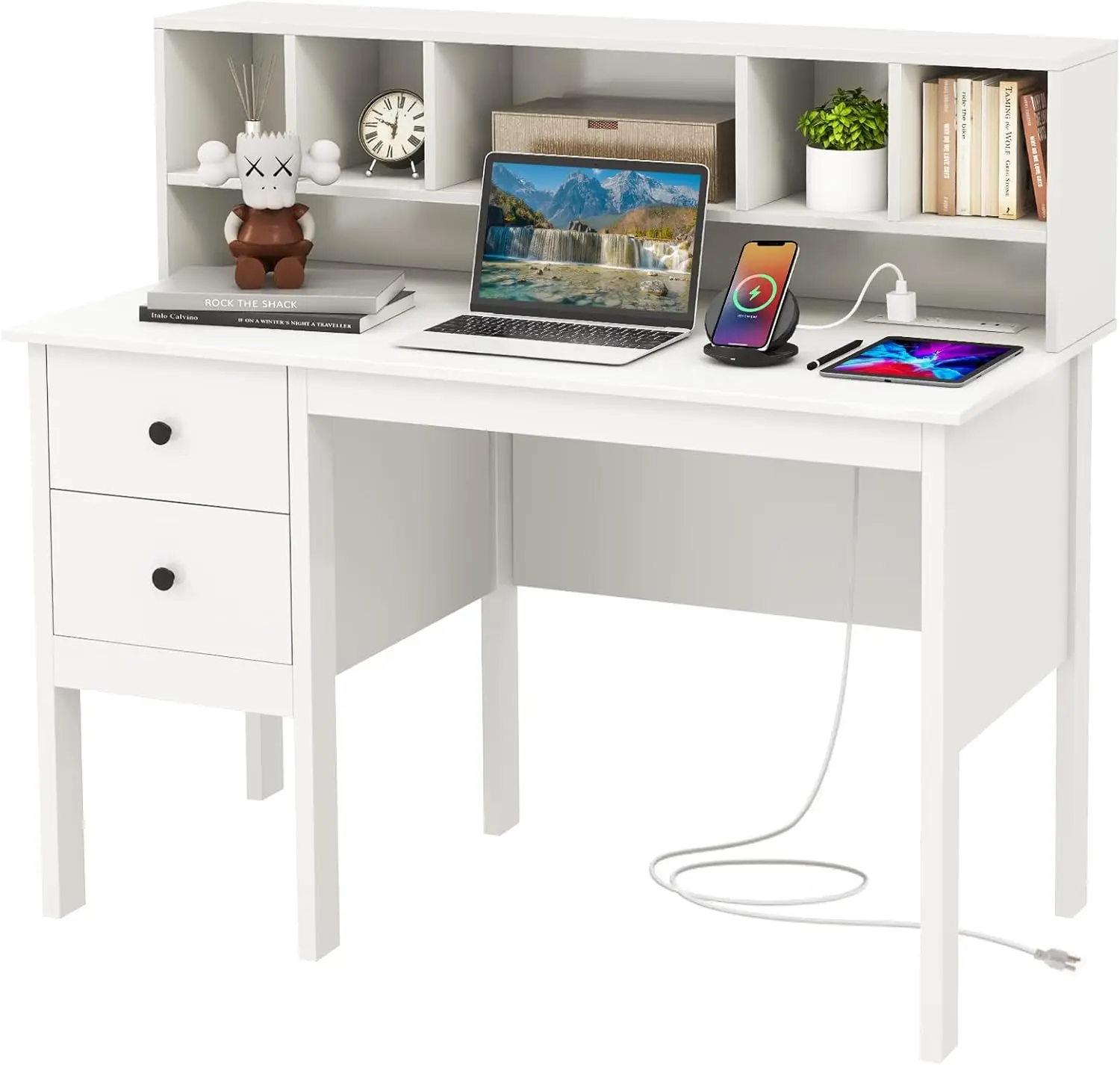 White Desk with Drawers & Hutch, Modern Home Office Desk Writing Study Desk with Charging Station, Laptop Desk with 5 Storage Co