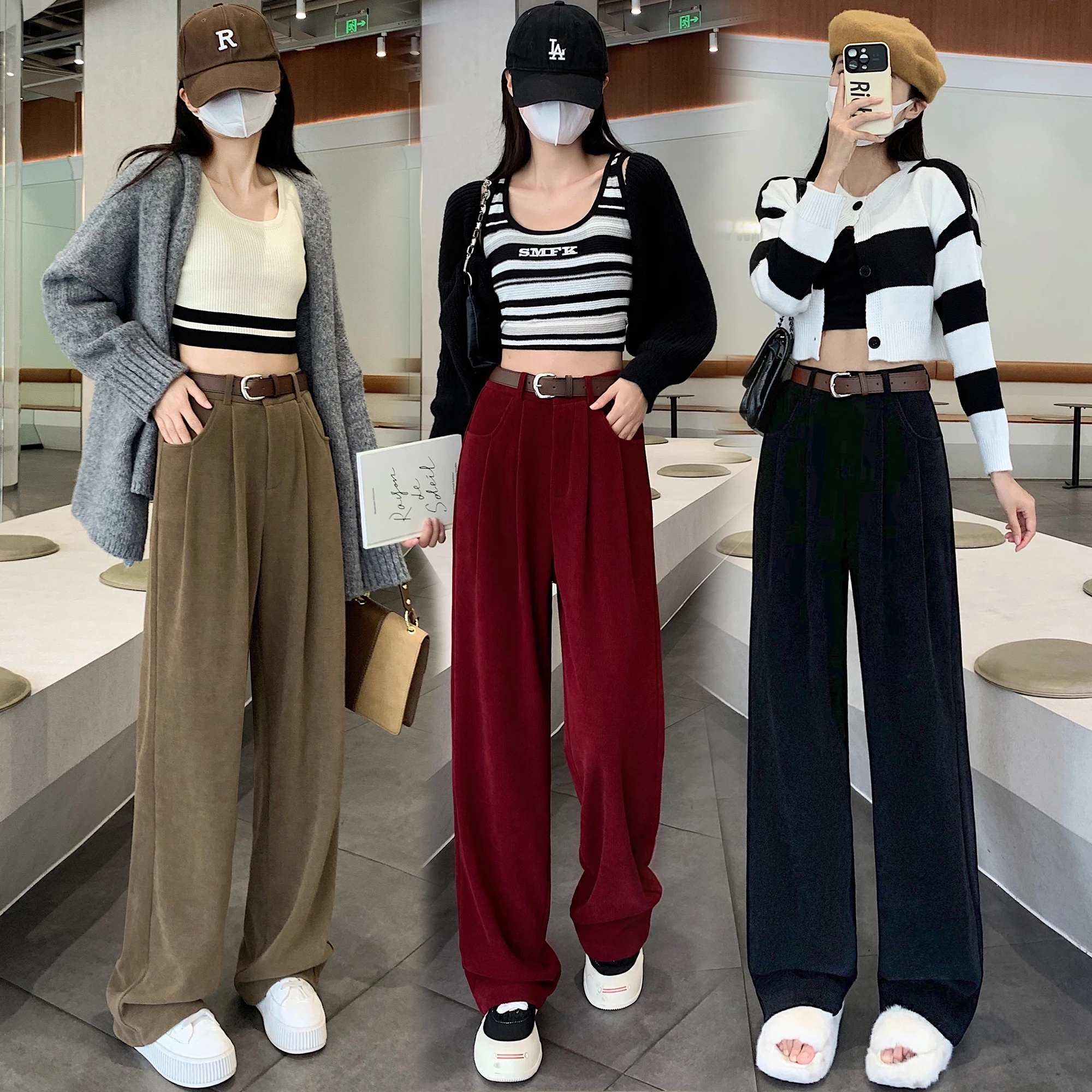 Women Winter Ladies Velvet Long Pants Wide Leg High Waist Floor-Length Inner Fleece Pant Female Straight Chic Trousers P28