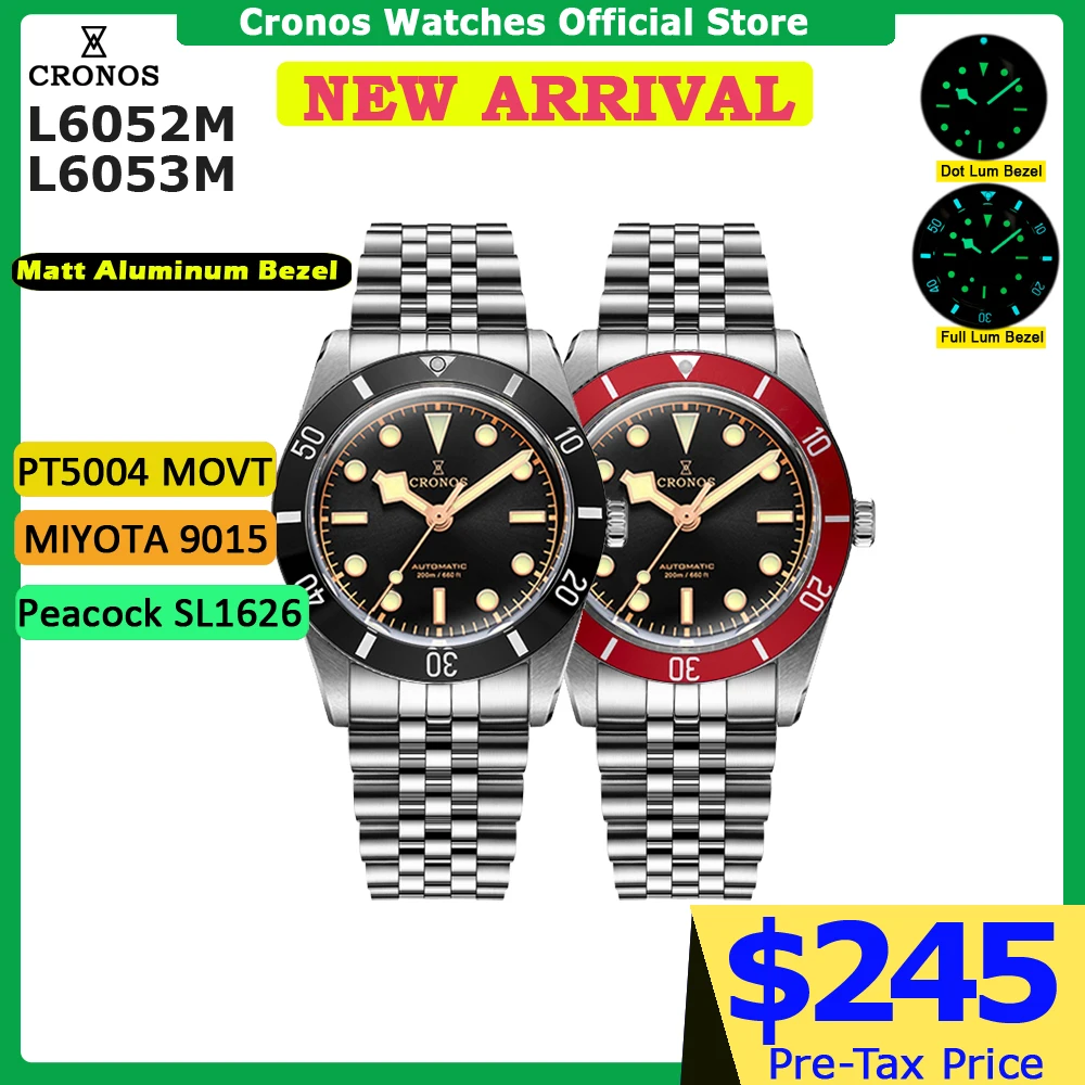 Montre de luxe Cronos pour homme, 39 mm, modèle plongeur BB54, automatique vintage, mouvement Miyota 9015, bracelet femme, boîtier saphir, 10 bars, L6052M