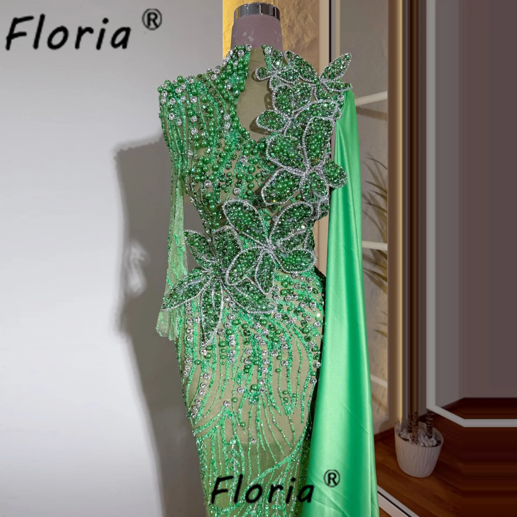 

Роскошные зеленые вечерние платья в Дубае с жемчугом и кристаллами, цветы, 3D Русалка, вечерние платья для выпускного вечера знаменитостей, африканские халаты по индивидуальному заказу, вечернее