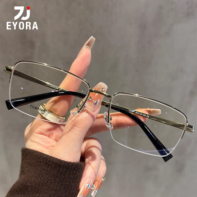 

EYORA Business Half-Frame Titan Reading Glasses for Men Anti Blue Light Photochromic Glasses Optical Lenses with Prescription