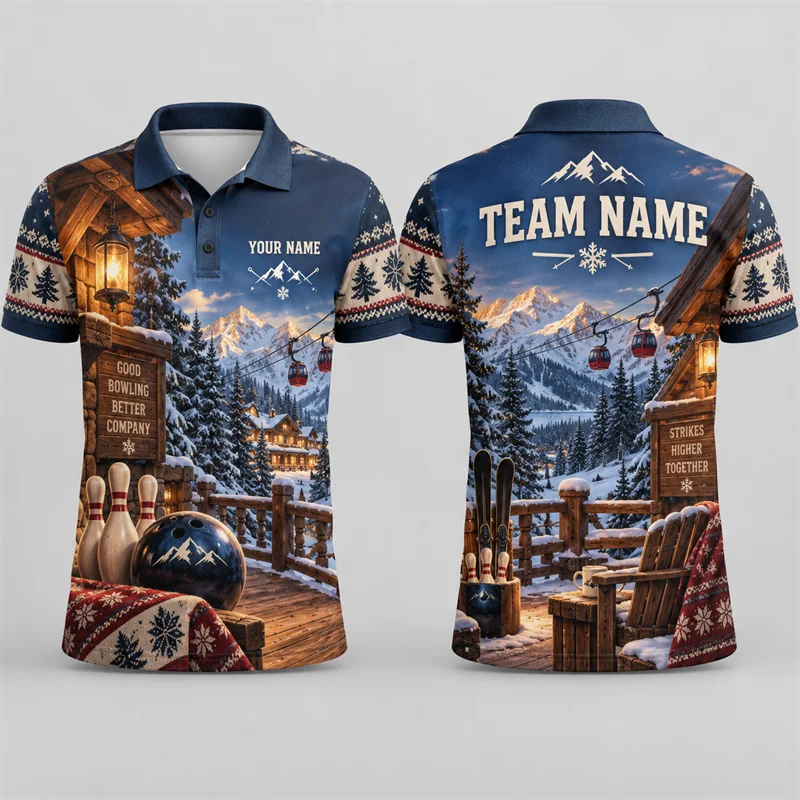 Custom Bowling Polo Shirt Personalized Name Team Name Nature Scenic Print Short Sleeve Jersey League Tournament Sports Uniform