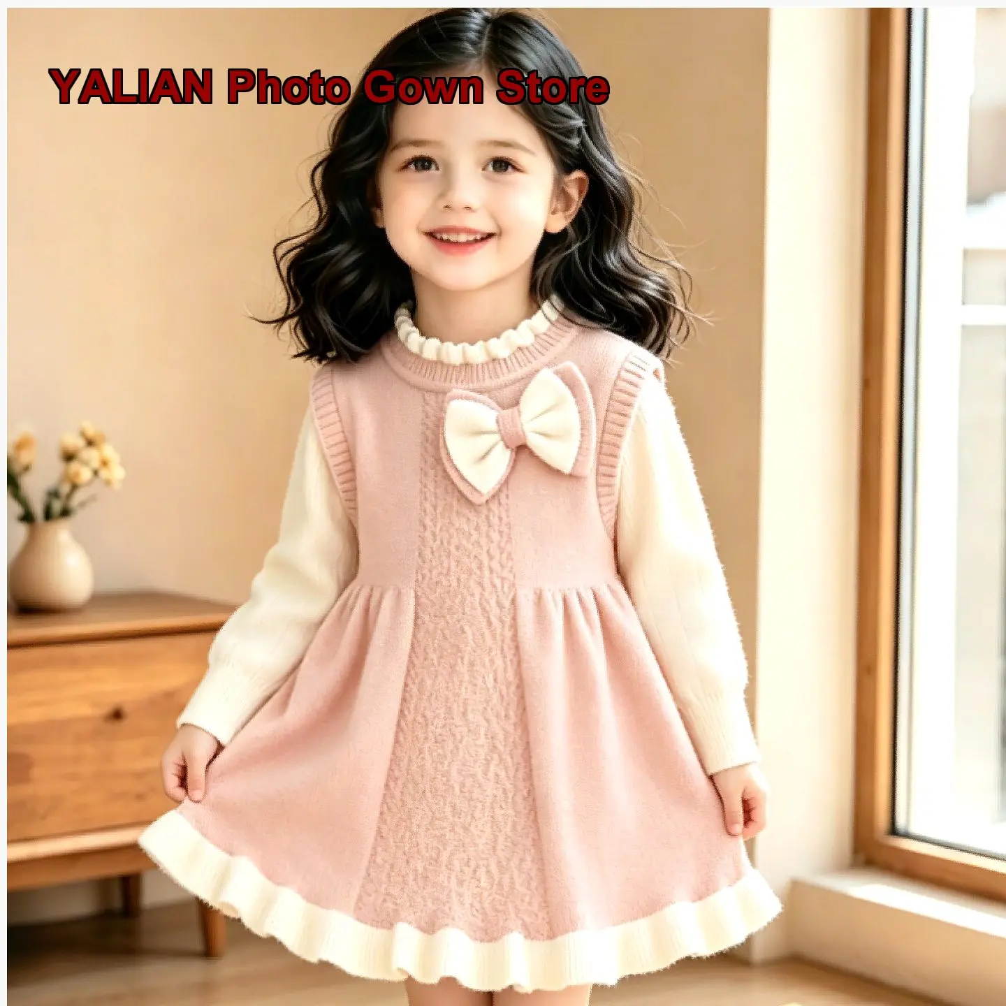Girls Two-Piece Look Dress Kids Autumn Winter Knit Princess Style Dress Toddler First Birthday Dress