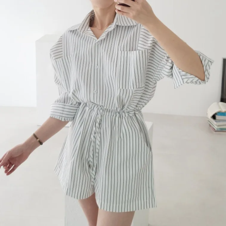 

Casual Chic Korean Sle Women's One-Piece Pantsuit Spring Summer New Faion Dstring Collar Striped irt Straight Cut