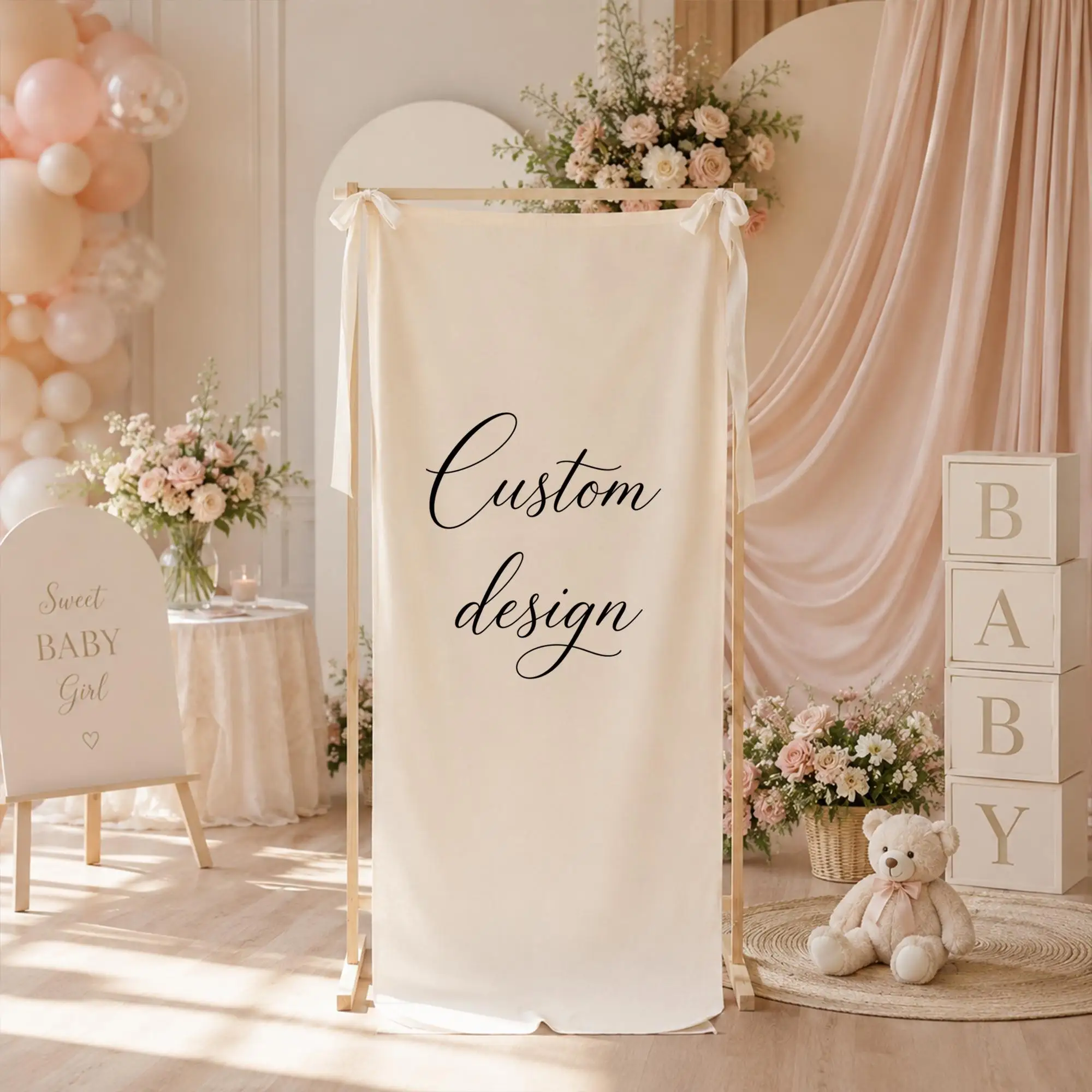 Custom Design Banner with Ribbon, Personalized Fabric Backdrop, Wedding Welcome Sign, Bridal Shower Banner, Event Party Decor