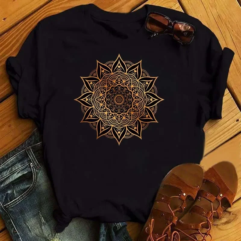 New Mandala Floral Printed T Shirt Women Casual Fashion T-shirt Loose Short Sleeve 90s Girls Aesthetics Black Tshirt Top