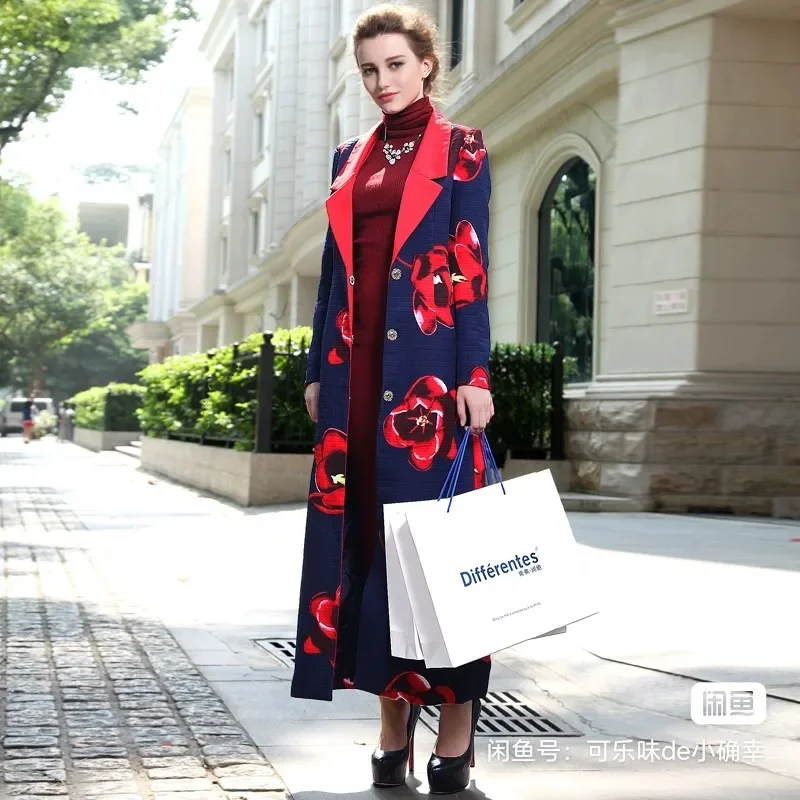 

England Style Trench Windbreaker Women Jacquard Coat Luxury Flowers X-Long Jacket Oversized Overcoat Turn-down Collar