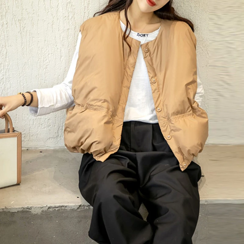 Casual Fashion Women Oversized waistcoat Autumn winter O-neck sleeveless vest 90% White goose down jacket Khaki warm INKEO 2O157