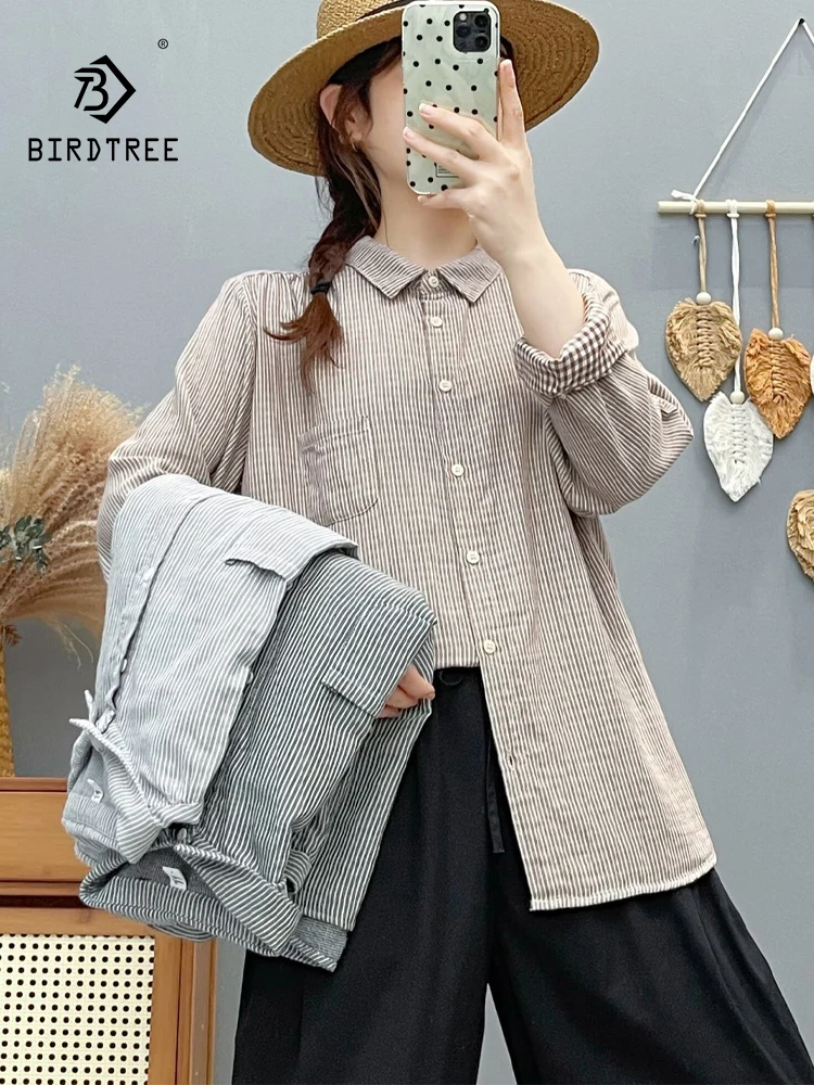 

New 2025 Autumn Cotton Yarn Long Sleeve Shirt, Women Turn-down Collar Striped, Mori Girl Retro Office Lady Loose Blouse T58956CC