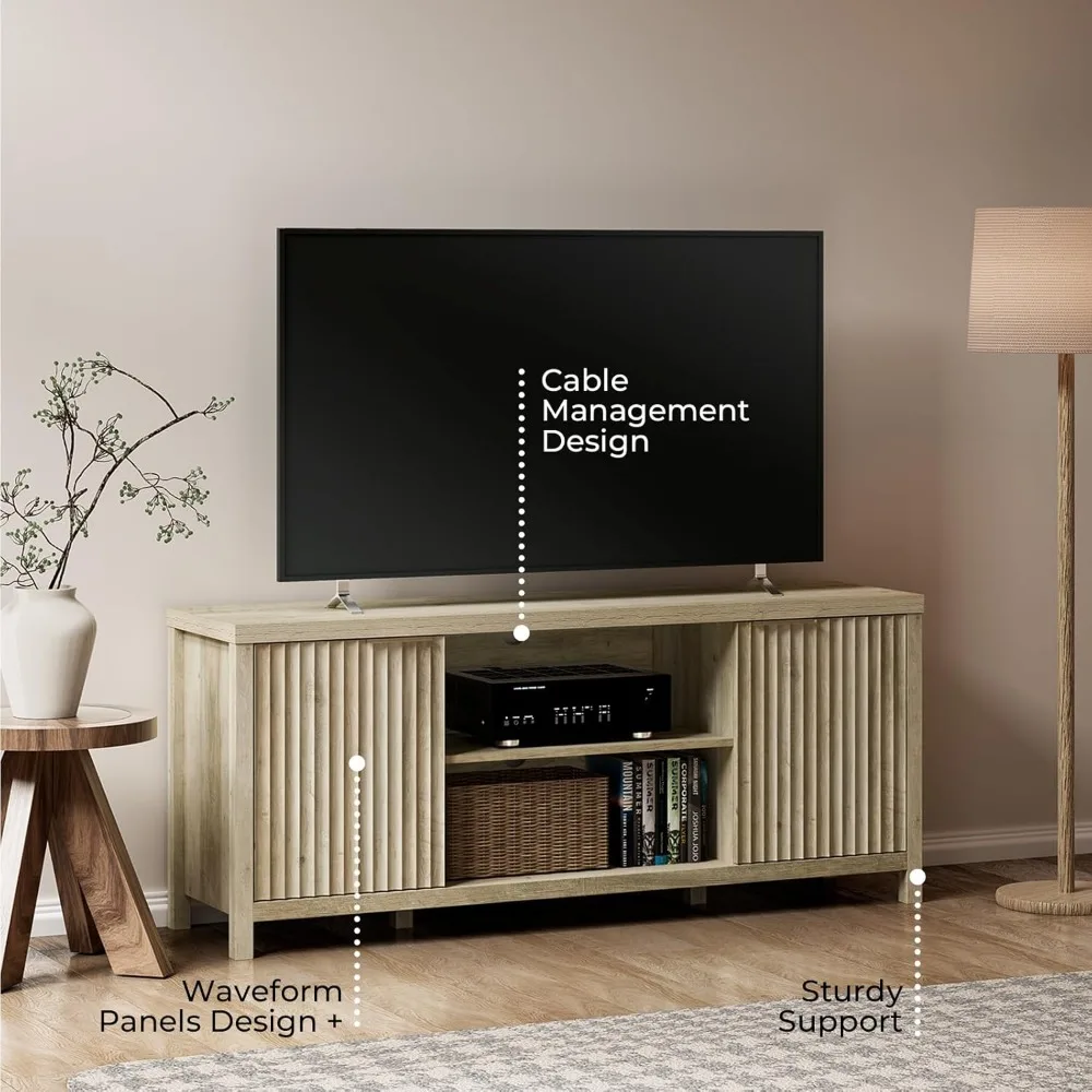 Рифленая подставка под телевизор с диагональю до 65 дюймов, развлекательный центр со шкафами для хранения и регулируемой полкой, современный Med середины века