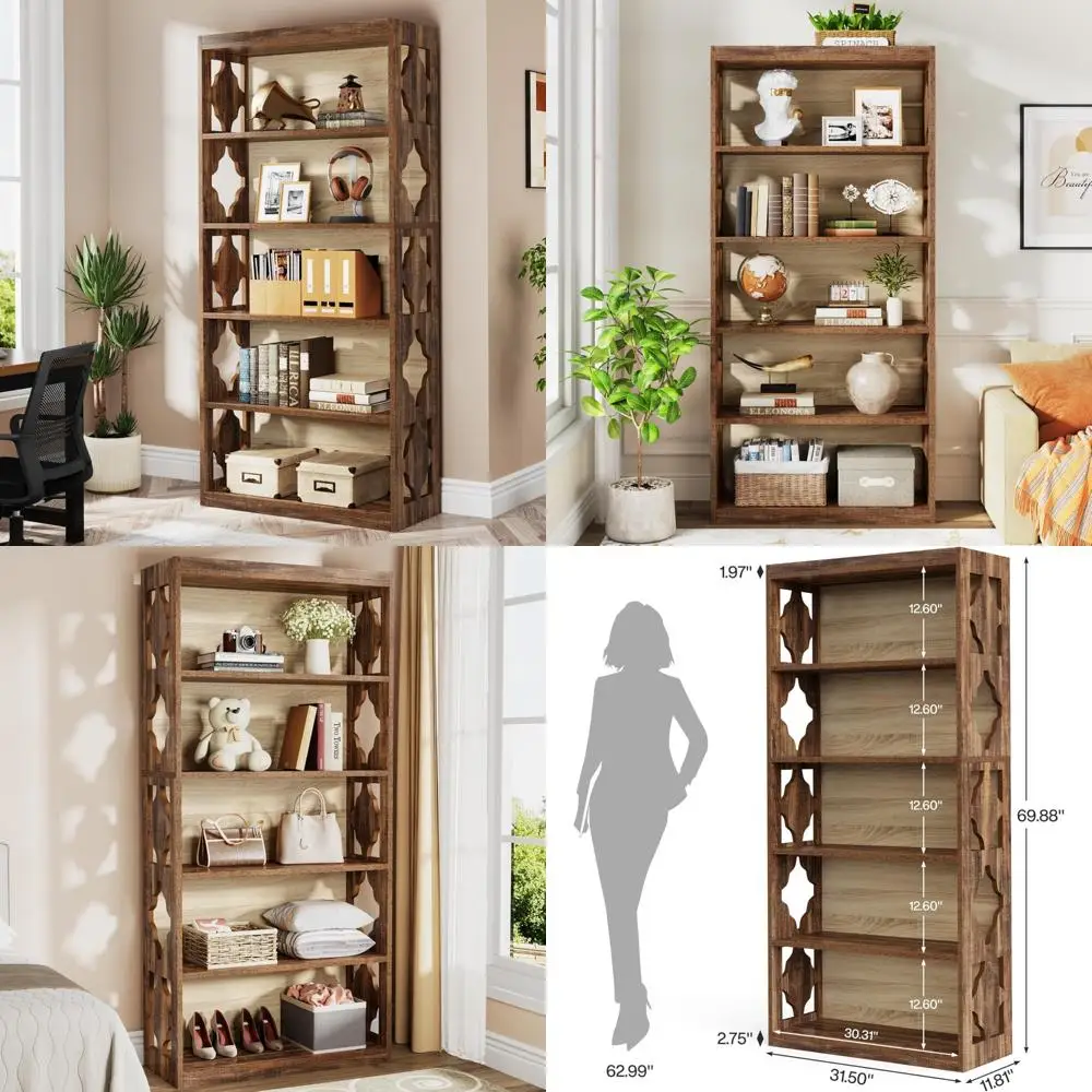 رف كتب قائم بذاته بطول 70 بوصة - أرفف تخزين مكونة من 6 طبقات، وحدة رفوف عرض خشبية مفتوحة للكتب والمزيد