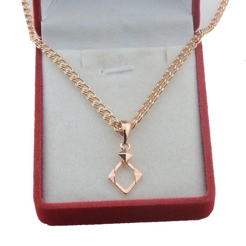 FJ Women Girls 585 Rose Gold Color Geometric Rhombus Pendant Chains Necklace