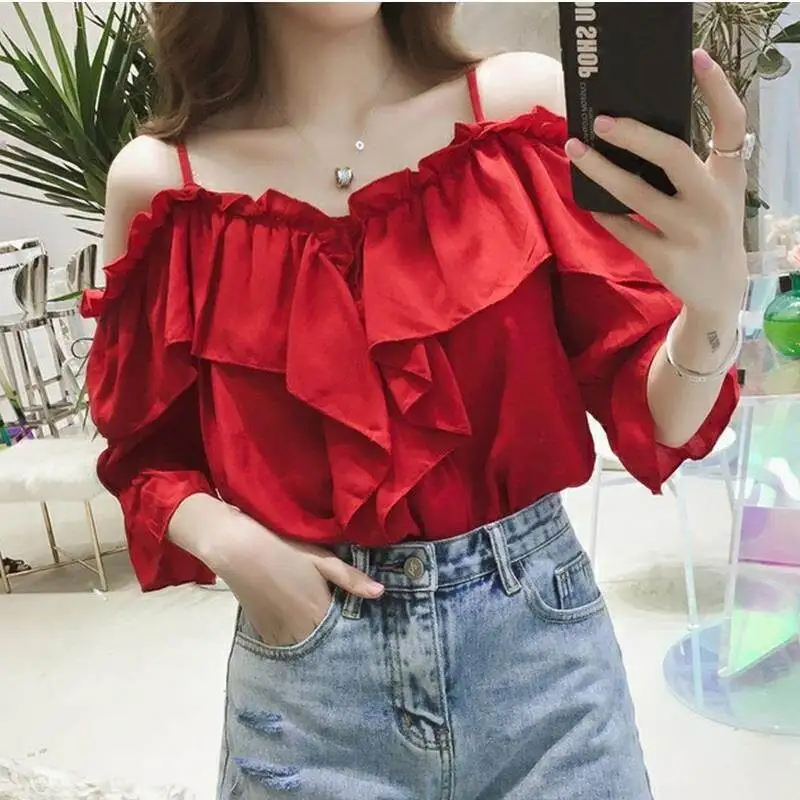 Off Shoulder Tops Women Short Sleeve Red Blouse Korean Style Summer Fashion Casual Shirt