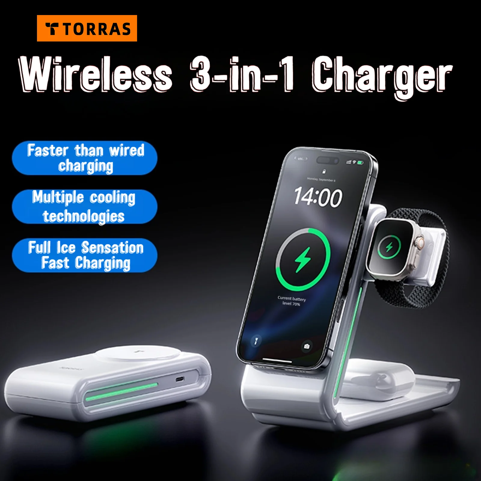 

TORRAS 3-in-1 Charging Station with MagSafe Charger Cradle, Cooling 15W Max Fast Charging, Foldable Wireless Charger for iPhone