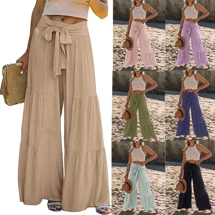 Casual Loose Wide Leg Pants Faionable Gored Waist Tied Waisand Pleated Loose Long Trousers Cross-Border Women's Clothing