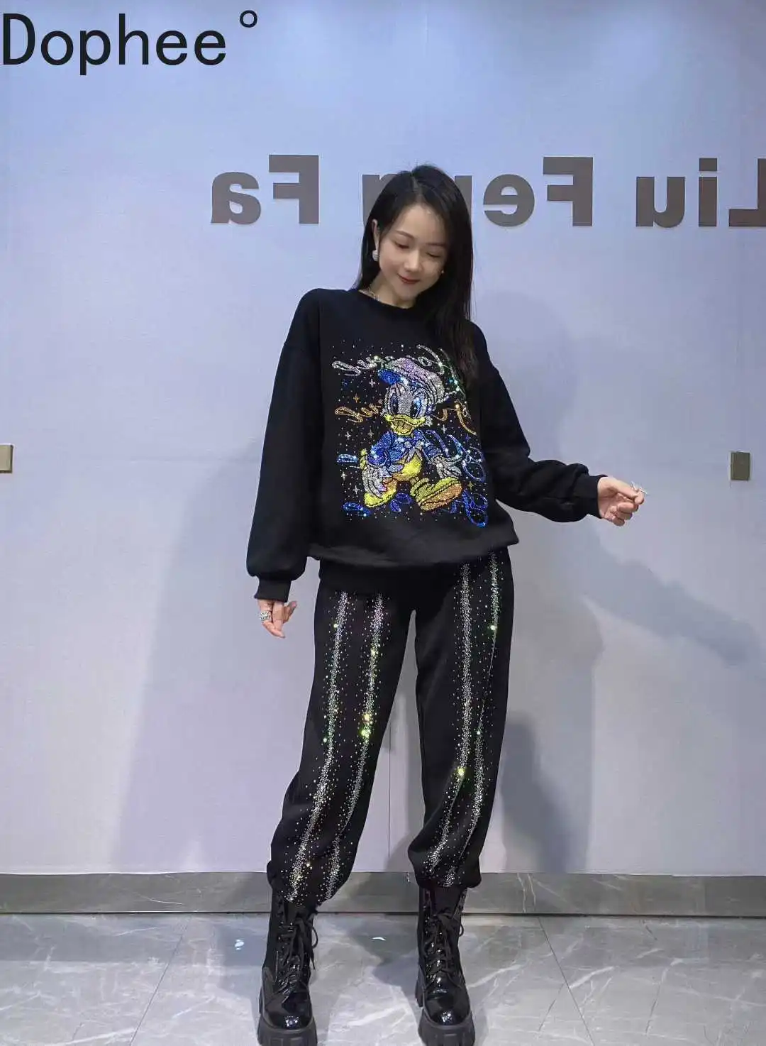 Fashion Autumn Women Hoodie Sets Round Neck Cartoon Hot Drilling Long Sleeve Pullover Top + Elastic Waist Loose Harem Pants Suit