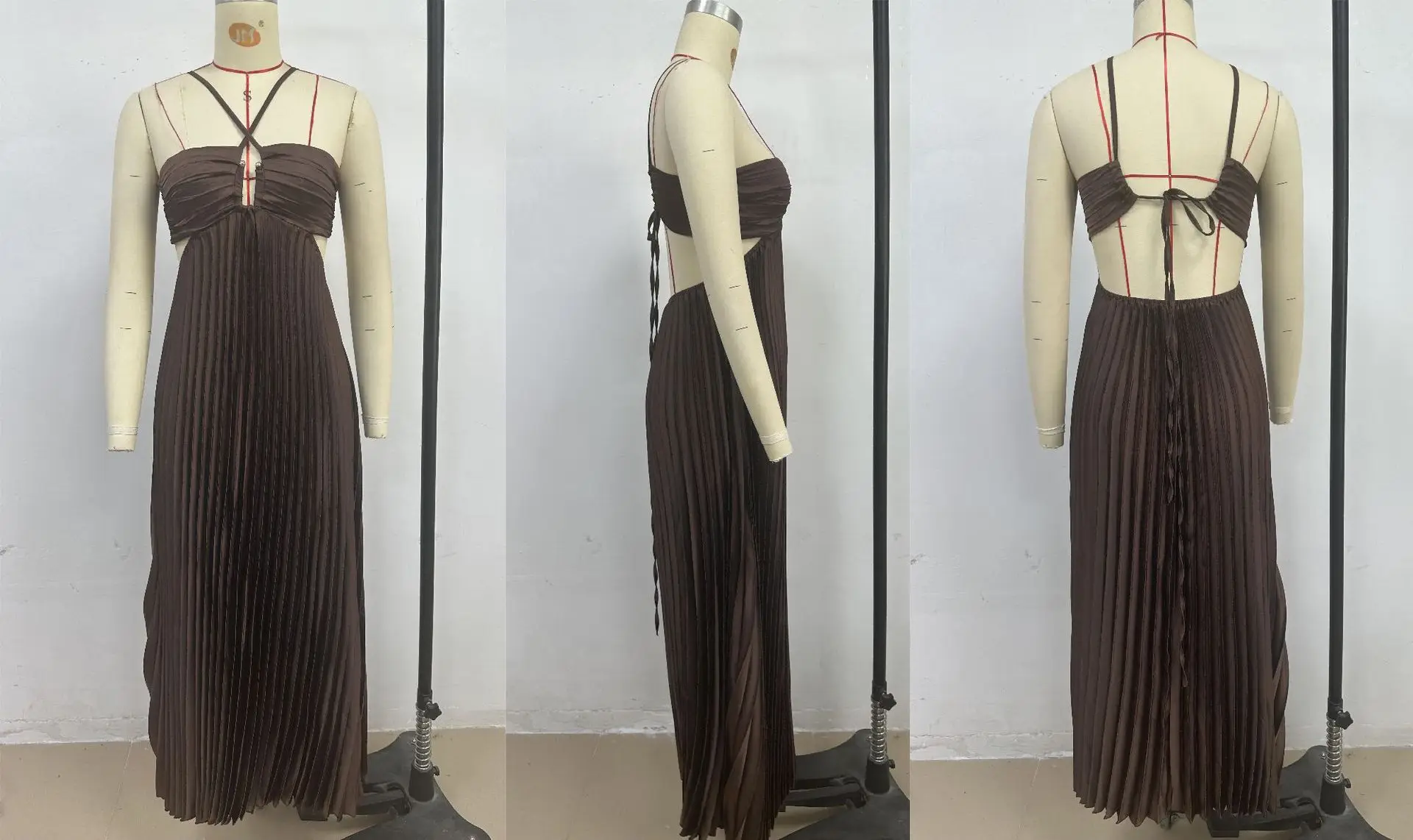 Blue Pleated Halter Long Dress Women's Solid Sleeveless Backless Lace-up Maxi Dress Summer Beach Vacation Evening Party Vestidos