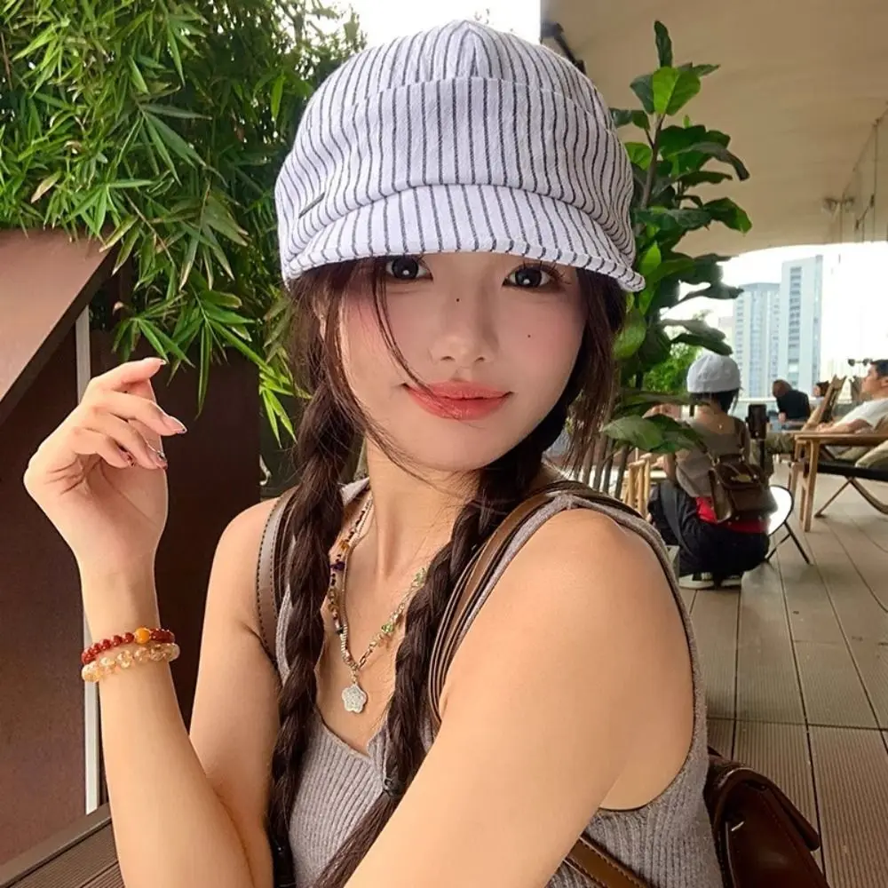 Fashion Korean Striped Peaked Caps Versatile Classic Strip Baseball Cap Cloth Casual Newsboy Hats Women