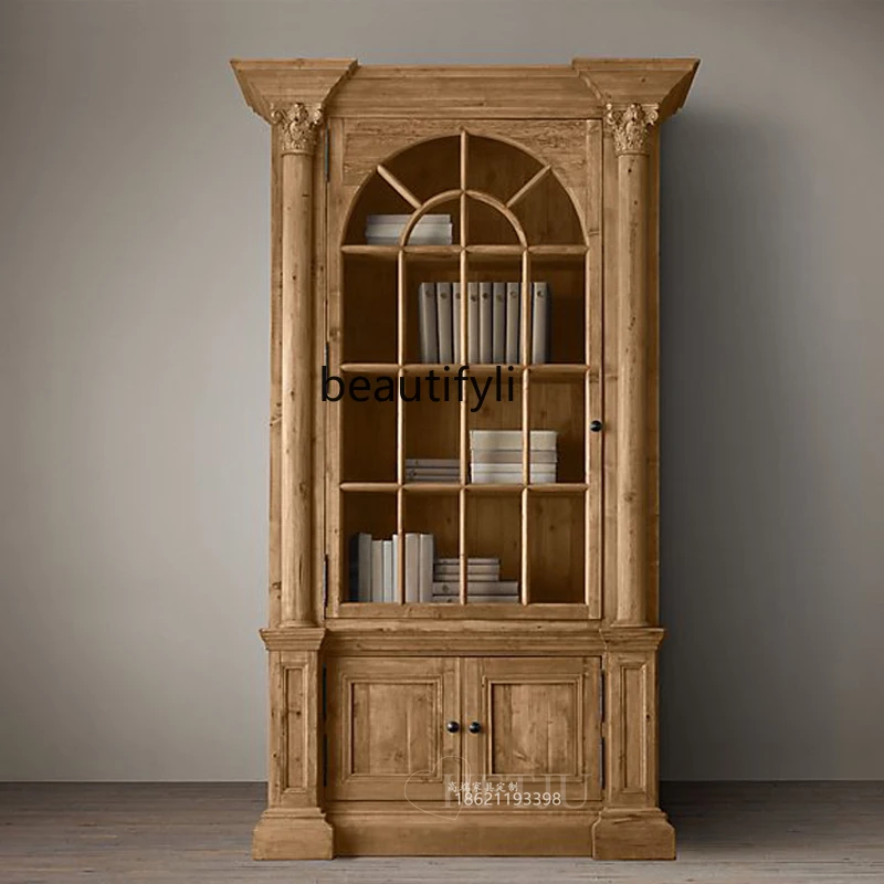

A36 American rural retro solid wood bookcase European carved bookcase living room display cabinet dining side cabinet villa