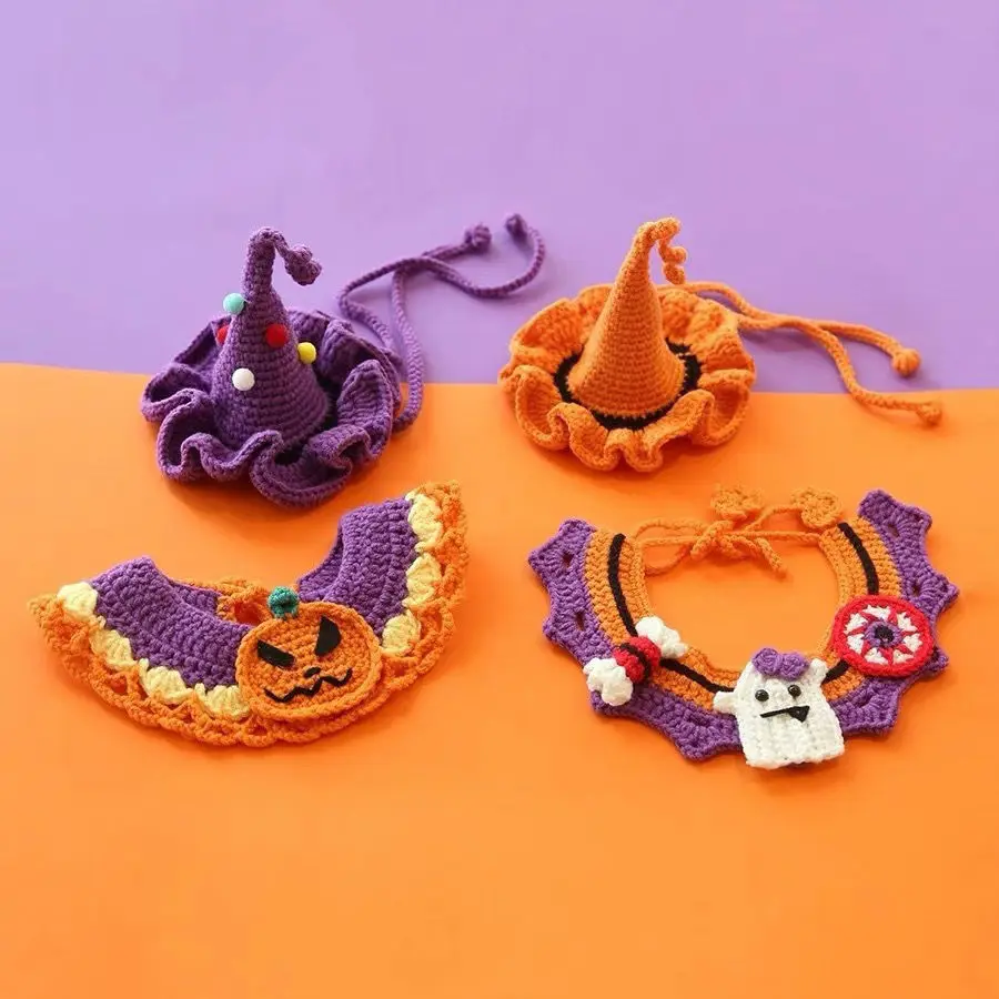 Halloween Pet Bibs Dog Collars Cat Hats Handmade Knitted Collars Drool Towels Pumpkin Clothes Jewelry