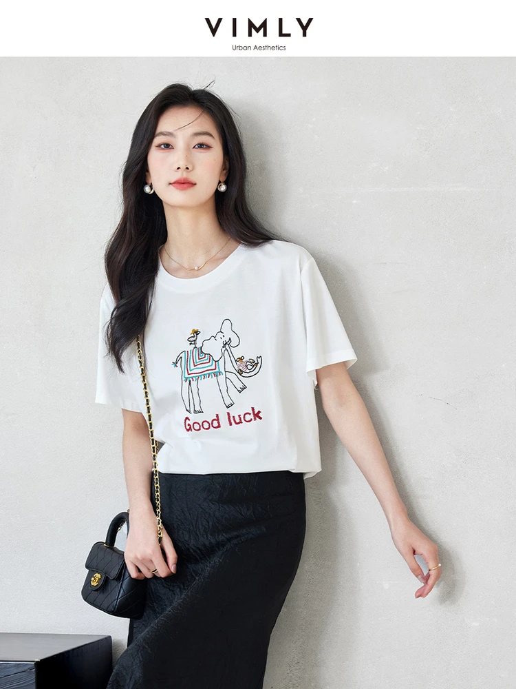 VIMLY Short-Sleeved Summer Women Embroidered T-shirt Classic All-match Comfortable O-Neck Solid Versatile Loose Top For Female