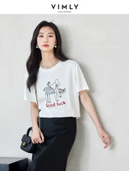 VIMLY Short-Sleeved Summer Women Embroidered T-shirt Classic All-match Comfortable O-Neck Solid Versatile Loose Top For Female