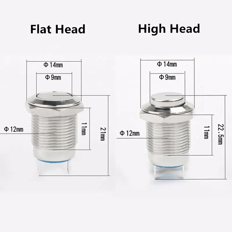 12mm 2Pin Metalen Knop Schakelaar Vergrendeling/kortstondig Waterdicht en Vlamvertragend Hoog/Platte Ronde Vernikkeld Messing 1 Stuks