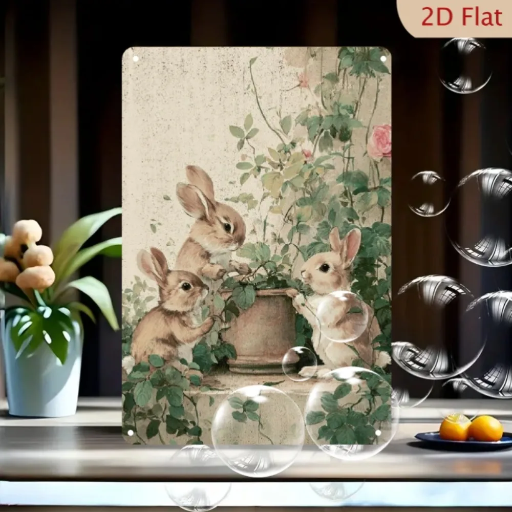 Vintage Bunny Metal Sign 8x12Inch Iron Pastel Pink Green Beige Indoor Outdoor Garden Cafe Decor Easter Christmas Gift