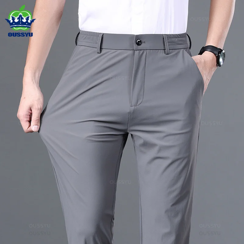 

Summer Good Stretch Smooth Trousers Men Business Elastic Waist Korean Classic Thin Black Gray Blue Brand Casual Suit Pants Male