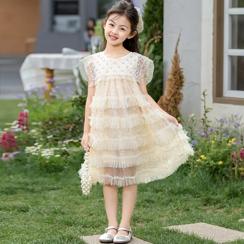 

2024 New Girl Mesh Dress Summer Square Collar Female Baby Birthday Party Dresses Candy Color Fairy Puffy Princess Dress 2-10year