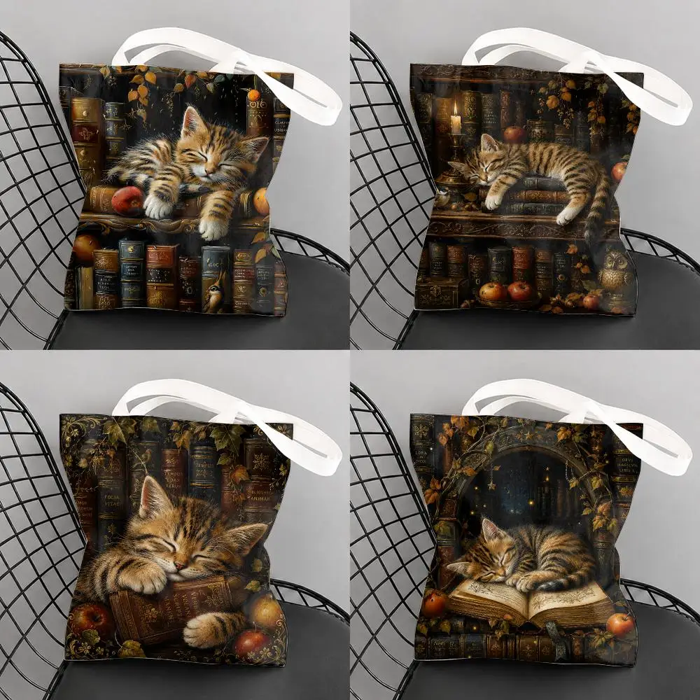 Bookshelf Sleeping Cat Storage Bags Large Canvas Tote Bag Double-Sided Print Reusable Shoulder Handbag for Daily Shopping