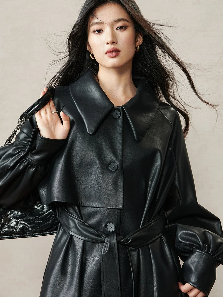 Casaco Longo de Couro Kiki Bla para Mulheres, Moda de Primavera, Comprimento Médio, Fibra de Poliéster