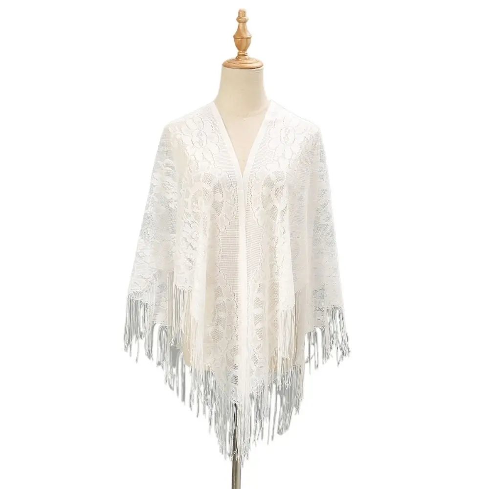 Tassel Patchwork V-Neck Cardigans Women Vintage Shawl Party Dinner Top Scarf Shawls Mesh Cloak Capelet Fringes