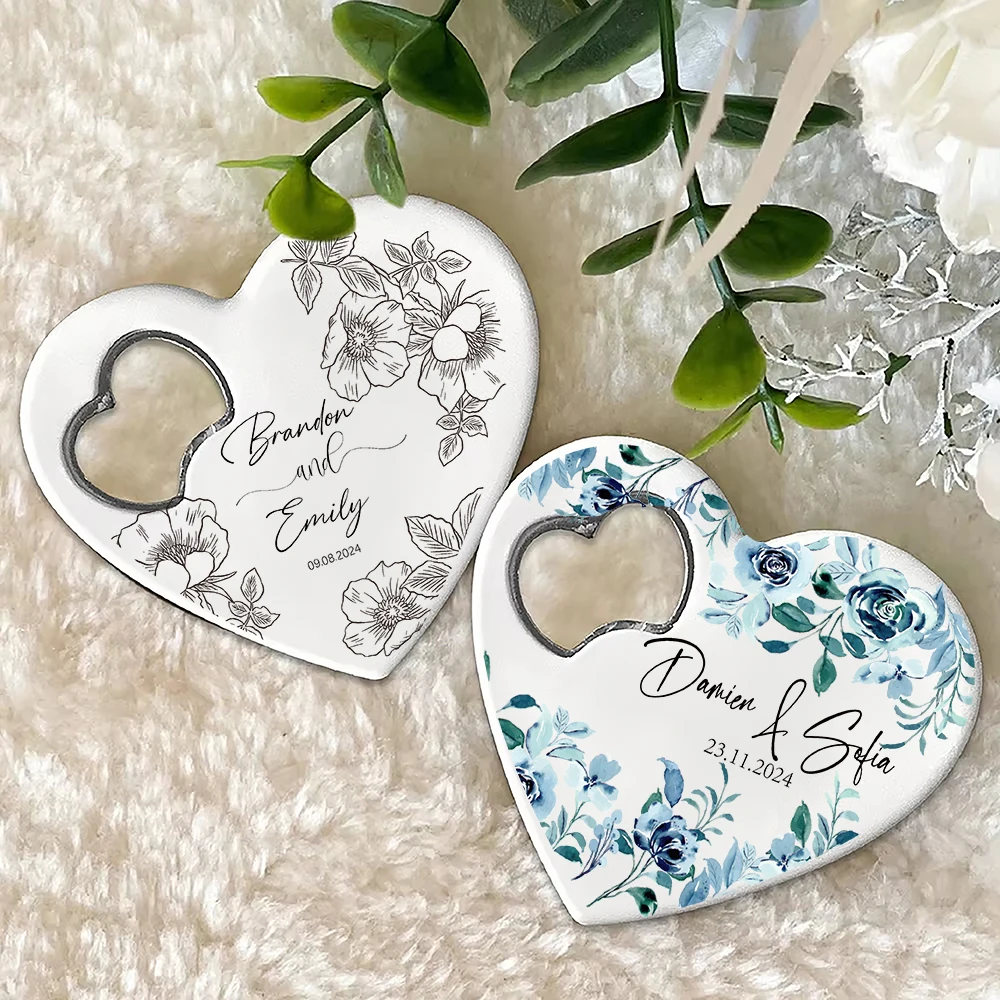 Personalizowane magnesy-otwieracze na butelki, upominki na wesele, otwieracze w kształcie serca dla gości, hurtowo, upominki z podziękowaniem dla gości.