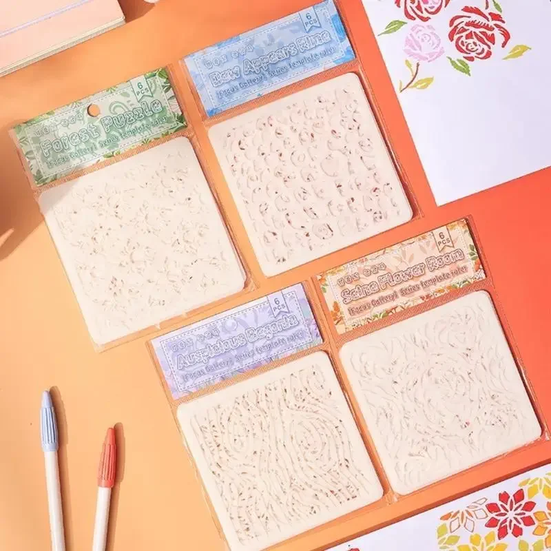 6개 PET 템플릿 공예 스텐실 꽃 카드용 스텐실 학교 과제 및 예술적 표현