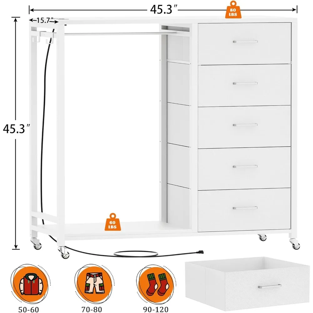 Dresser for Bedroom with Clothes Rack, 5 Drawers Dresser with Charging Station & LED Lights, White Storage Chest of Dra