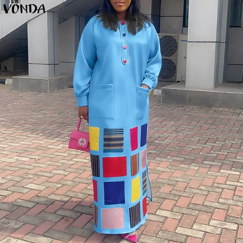 VONDA Plus Größe 5XL Vintage Frauen Maxi Kleid Mode Langarm Druck Böhmischen Vestido Casual Lose Taschen Oversize Party Robe