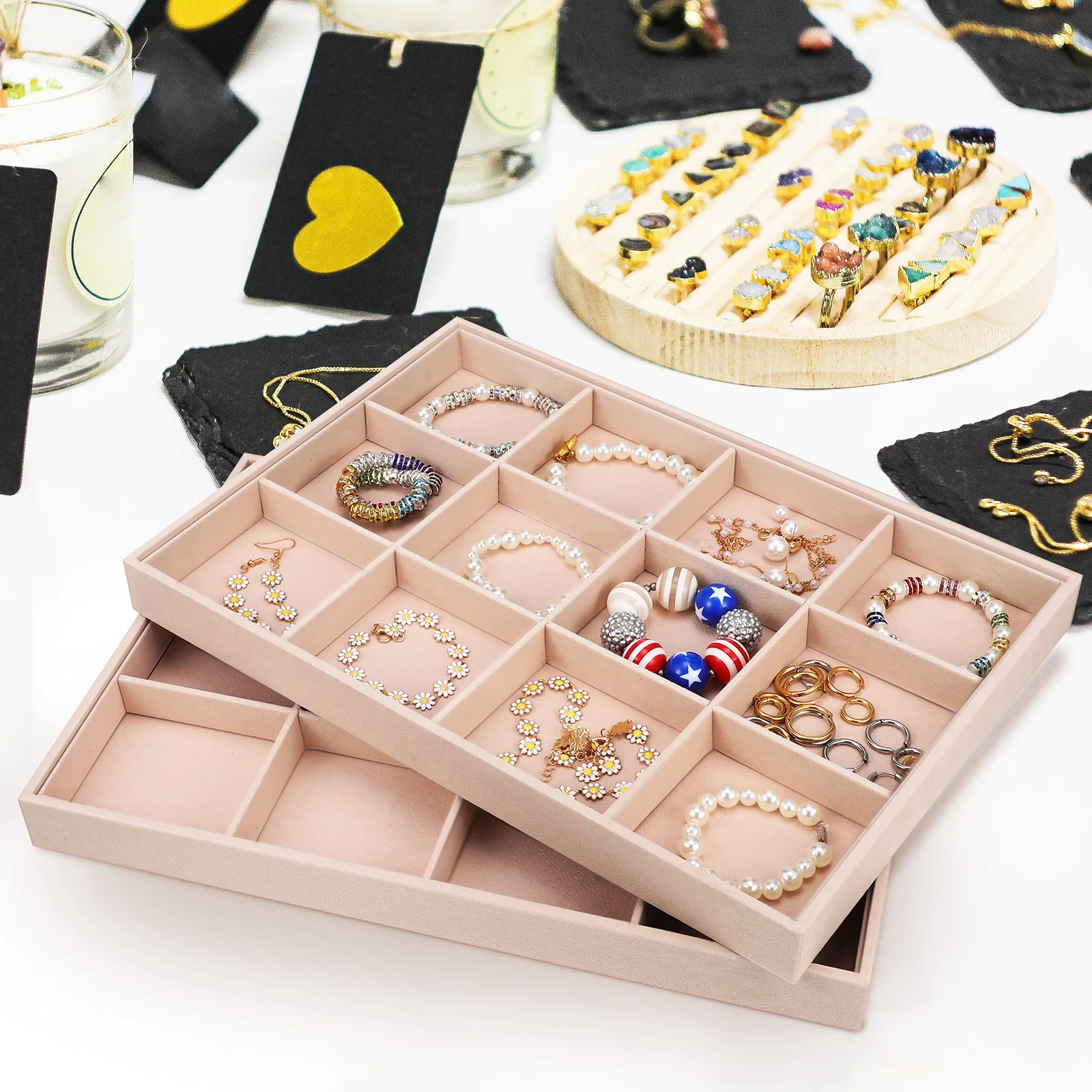 2Pcs Jewelry Organizer Tray Flexible Dividers Soft Protected Drawer Storage Jewelry Display Tray Ring Storage Organizer