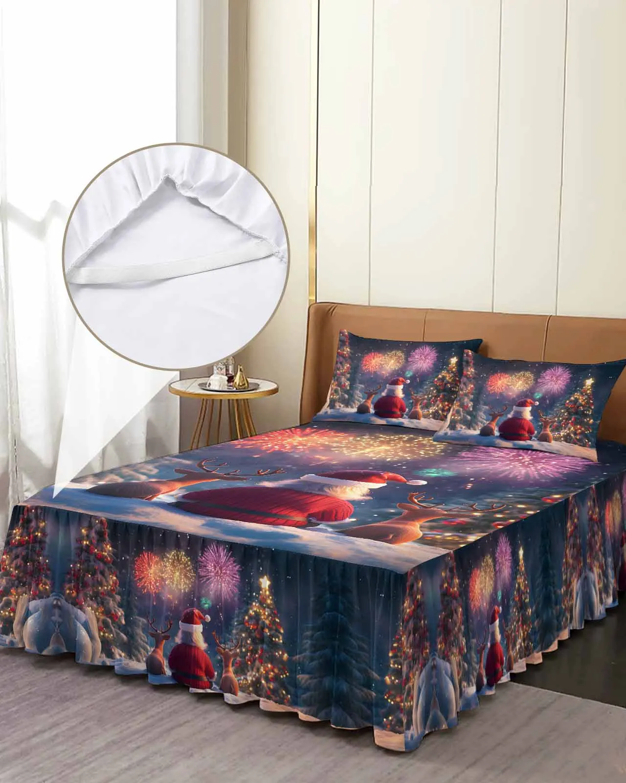 Christmas Tree Old Man Reindeer Skirt Elastic Fitted Bedspread With Pillowcases Mattress Cover Bedding Set Bed Sheet