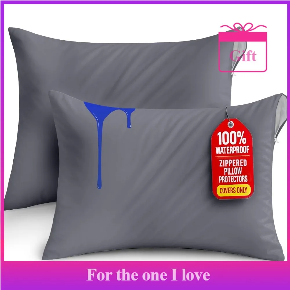 

Bedding Waterproof Pillow Protectors Zippered Queen Size (2 Pack, Gray), Zippered Pillowcases, Bed Bug Proof Pillow Encas