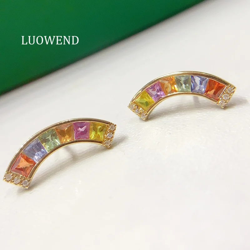 LUOWEND 100% 18K Yellow Gold Earrings Romantic Smile Shape Shiny Diamond Natural Color Sapphire Earrings for Women Fine Jewelry