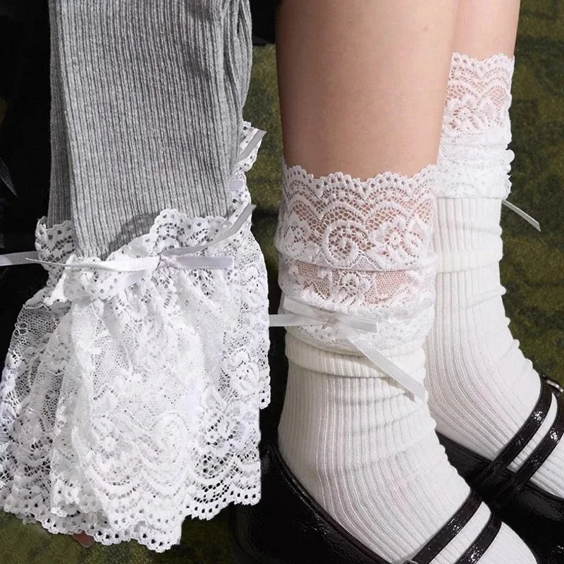 Women Lace Trim Socks Mid Calf Spring Summer Thin Calf Socks Ballet Style Stacking Stocking Comfortable Breathable Soft Socks